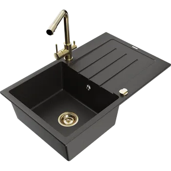 Granitový dřez Mexen Bruno granitový dřez 1-komorový s odkapávačem a kuchyňskou baterií Duero, černý/zlatý metalik - 6513-75-671600-50 Granitové dřezy s baterií