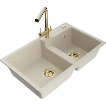 Granitový dřez Mexen Tomas dřez granitový 2-komorový s kuchyňskou baterií Duero, béžový - 6516-69-671600-50 Granitové dřezy s baterií