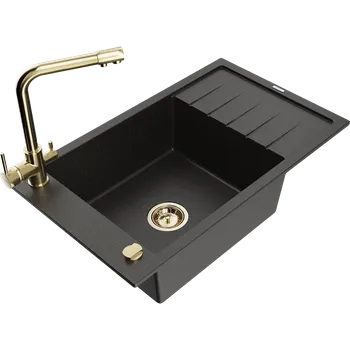 Granitový dřez Mexen Elias granitový dřez 1-komorový s odkapávačem a kuchyňskou baterií Duero, černý/zlatý metalik - 6511-75-671600-50 Granitové dřezy s baterií