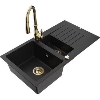 Granitový dřez Mexen Matias granitový dřez 1,5-komorový s odkapávačem a kuchyňskou baterií Savita, černý - 6502-77-672601-50 Granitové dřezy s baterií