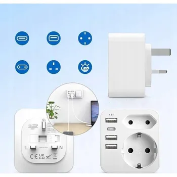 Elektrická zásuvka CESTOVNÍ ADAPTÉR EU do UK, ZÁSUVKA S 3 USB PORTY + 1 USB-C PORTEM 6 v 1