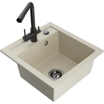 Granitový dřez Mexen Vito granitový dřez 1-komorový s kuchyňskou baterií Duero, béžový - 6503-69-671600-70 Granitové dřezy s baterií