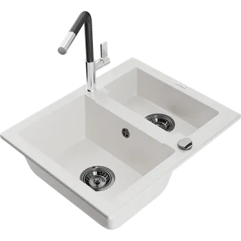Granitový dřez Mexen Carlos žulový dřez 1,5-komorový s kuchyňskou baterií Flora, bílý - 6518-20-670401-07-B Granitové dřezy s baterií
