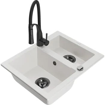 Granitový dřez Mexen Carlos granitový dřez 1,5-komorový s kuchyňskou baterií Aster, bílý - 6518-20-73450-70-B Granitové dřezy s baterií