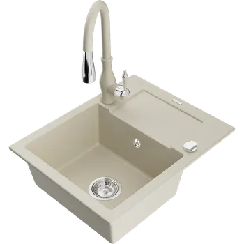 Granitový dřez Mexen Enzo granitový dřez 1-komorový s odkapávačem a kuchyňskou baterií Savita, béžový - 6506-69-672601-69 Granitové dřezy s baterií