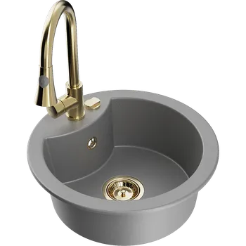 Granitový dřez Mexen Diego granitový dřez jednodřezový s kuchyňskou baterií Elia, šedý - 6512-71-670101-50 Granitové dřezy s baterií