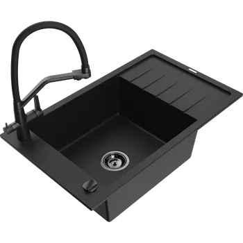 Granitový dřez Mexen Elias granitový dřez s 1 komorou, odkapávačem a kuchyňskou baterií Duo, černý - 6511-77-671701-70-B Granitové dřezy s baterií