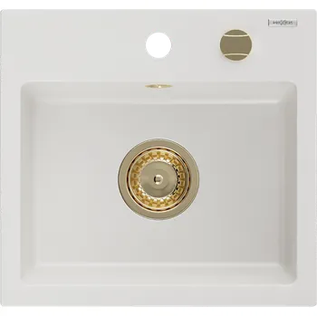Granitový dřez Mexen Milo granitový dřez 1-komorový 435 x 410 mm, bílý, zlatý sifon - 6505441000-20-G Granitové dřezy