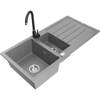 Granitový dřez Mexen Andres granitový dřez 1,5-komorový s odkapávačem a kuchyňskou baterií Telma, šedý - 6515-71-670200-70 Granitové dřezy s baterií