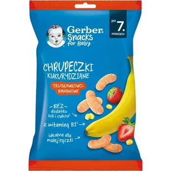 Slaná pochutina Gerber Kukuřičné křupky s banánem a jahodou pro děti od 7 měsíců, 28 g