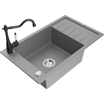 Granitový dřez Mexen Elias granitový jednodřez s odkapávačem a kuchyňskou baterií Carla, šedý - 6511-71-670700-70 Granitové dřezy s baterií