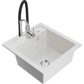 Granitový dřez Mexen Vito granitový dřez s 1 komorou a kuchyňskou baterií Aster, bílý - 6503-20-73450-07 Granitové dřezy s baterií