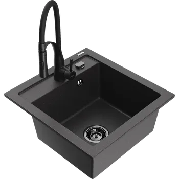 Granitový dřez Mexen Vito granitový dřez 1-komorový s kuchyňskou baterií Aster, černý skvrnitý - 6503-76-73450-70-B Granitové dřezy s baterií