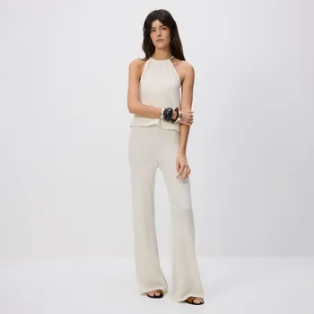 Dámské kalhoty Reserved - Mačkané kalhoty s rozšířením - krémová - ZQ706-01X - ZQ706-01X-XL