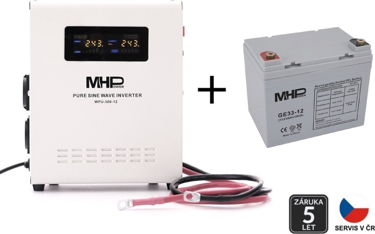 Záložní zdroj MHPower WPU-300-12, UPS, 300W, čistý sinus, 12V SET s Gelovou baterií 33Ah
