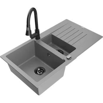 Granitový dřez Mexen Matias granitový dřez 1,5-komorový s odkapávačem a kuchyňskou baterií Elia, šedý - 6502-71-670101-70-B Granitové dřezy s baterií