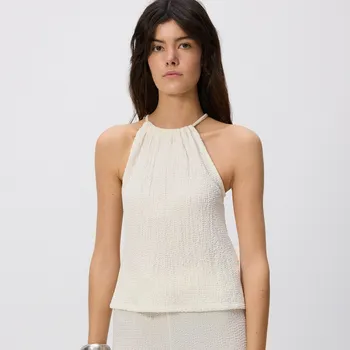 Dámské tričko Reserved - Mačkaný top s výstřihem typu halter - krémová - 342GU-01X - 342GU-01X-XL