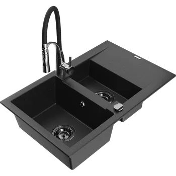 Granitový dřez Mexen Gaspar granitový dřez 1,5-komorový s odkapávačem a kuchyňskou baterií Aster, černý/stříbrný - 6507-73-73450-07-B Granitové dřezy s baterií