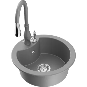 Granitový dřez Mexen Diego granitový dřez s 1 komorou a kuchyňskou baterií Savita, šedý - 6512-71-672601-71 Granitové dřezy s baterií