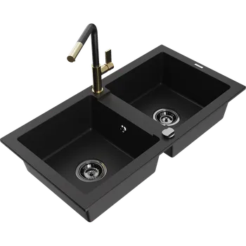 Granitový dřez Mexen Mario žulový dvojkomorový dřez s kuchyňskou baterií Flora, černý - 6504-77-670401-57-B Granitové dřezy s baterií