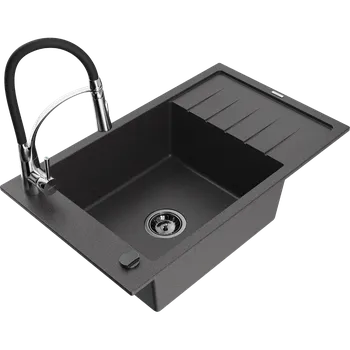 Granitový dřez Mexen Elias granitový dřez s jednou komorou s odkapávačem a kuchyňskou baterií Aster, černý skvrnitý - 6511-76-73450-07-B Granitové dřezy s baterií