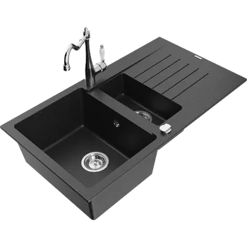 Granitový dřez Mexen Matias granitový dřez 1,5-komorový s odkapávačem a kuchyňskou baterií Carla černý/stříbrný metalik - 6502-73-670700-00 Granitové dřezy s baterií