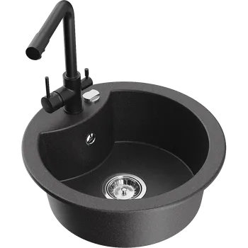 Granitový dřez Mexen Diego jednokomorový granitový dřez s kuchyňskou baterií Duero, černý s tečkami - 6512-76-671600-70 Granitové dřezy s baterií