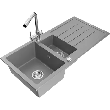Granitový dřez Mexen Andres granitový dřez 1,5-komorový s odkapávačem a kuchyňskou baterií Duero, šedý - 6515-71-671600-00 Granitové dřezy s baterií