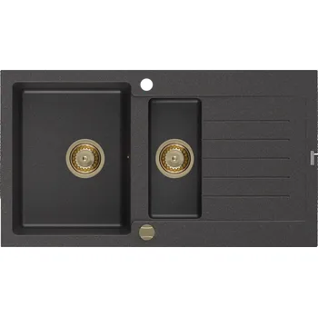 Granitový dřez Mexen Matias granitový dřez 1,5-komorový s odkapávačem 900 x 505 mm, černý skvrnitý, sifon zlatý - 6502901505-76-G Granitové dřezy