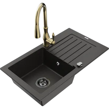 Granitový dřez Mexen Pablo žulový dřez 1-komorový s odkapávačem a kuchyňskou baterií Savita, černá/zlatý metalik - 6510-75-672601-50-B Granitové dřezy s baterií