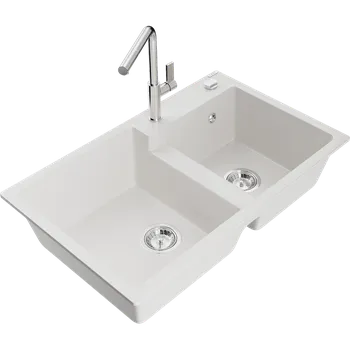 Granitový dřez Mexen Tomas granitový dřez 2-komorový s kuchyňskou baterií Flora, bílý - 6516-20-670401-00 Granitové dřezy s baterií