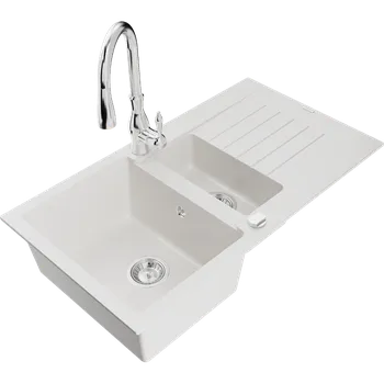 Granitový dřez Mexen Matias granitový dřez 1,5-komorový s odkapávačem a kuchyňskou baterií Savita, bílý - 6502-20-672601-00 Granitové dřezy s baterií