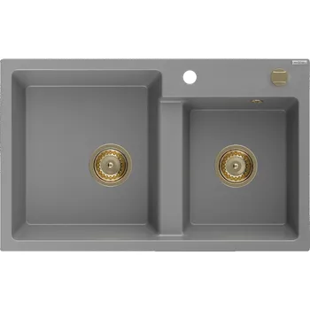 Granitový dřez Mexen Tomas žulový dřez 2-komorový 800 x 500 mm, šedý, sifon zlatý - 6516802000-71-G Granitové dřezy