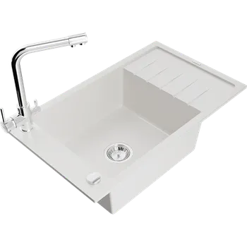 Granitový dřez Mexen Elias granitový dřez 1-komorový s odkapávačem a kuchyňskou baterií Duero, bílý - 6511-20-671600-00 Granitové dřezy s baterií