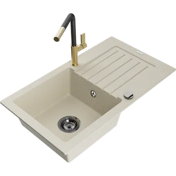 Granitový dřez Mexen Pablo granitový dřez s jednou komorou, odkapávačem a kuchyňskou baterií Flora, béžový - 6510-69-670401-57-B Granitové dřezy s baterií