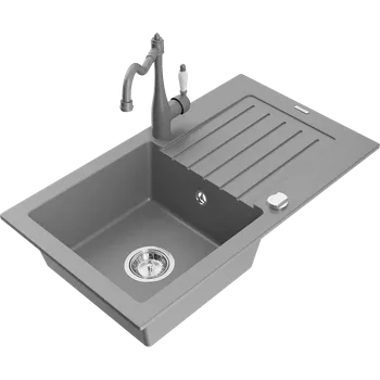 Granitový dřez Mexen Pablo granitový dřez 1-komorový s odkapávačem a kuchyňskou baterií Carla, šedý - 6510-71-670700-71 Granitové dřezy s baterií