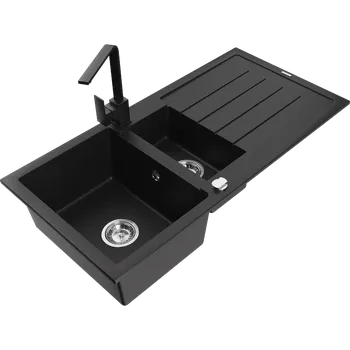 Granitový dřez Mexen Andres granitový dřez 1,5-komorový s odkapávačem a kuchyňskou baterií Rita, černý - 6515-77-670300-70 Granitové dřezy s baterií