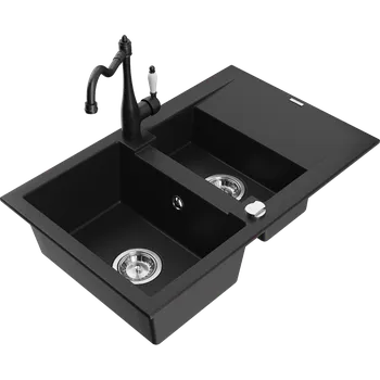 Granitový dřez Mexen Gaspar granitový dřez 1,5-komorový s odkapávačem a kuchyňskou baterií Carla, černý - 6507-77-670700-00 Granitové dřezy s baterií
