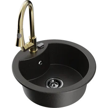 Granitový dřez Mexen Diego granitový dřez 1-komorový s kuchyňskou baterií Elia, černý/zlatý metalický - 6512-75-670101-50-B Granitové dřezy s baterií