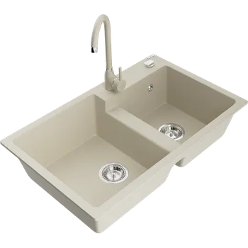 Granitový dřez Mexen Tomas dřez žulový 2-komorový s kuchyňskou baterií Telma, béžový - 6516-69-670200-69 Granitové dřezy s baterií