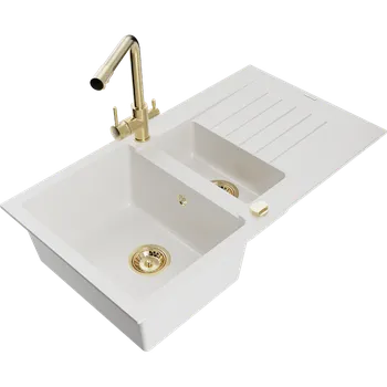 Granitový dřez Mexen Matias granitový dřez 1,5-komorový s odkapávačem a kuchyňskou baterií Duero, bílý - 6502-20-671600-50 Granitové dřezy s baterií