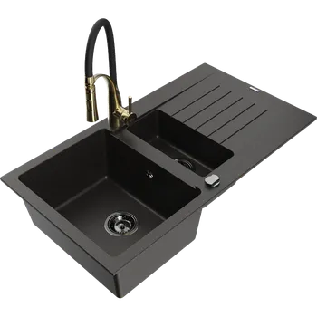 Granitový dřez Mexen Matias granitový dřez 1,5 komorový s odkapávačem a kuchyňskou baterií Aster, černý/zlatý metalík - 6502-75-73450-57-B Granitové dřezy s baterií