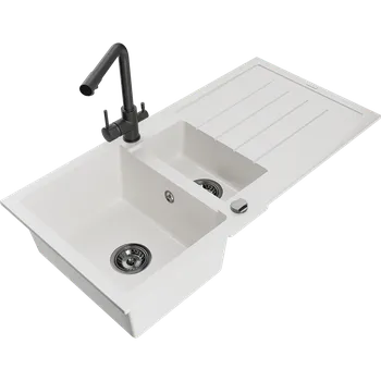 Granitový dřez Mexen Andres dřez, 1,5-komorový s odkapávačem a kuchyňskou baterií Duero, bílý - 6515-20-671600-70 Granitové dřezy s baterií