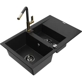 Granitový dřez Mexen Gaspar granitový dřez 1,5-komorový s odkapávačem a kuchyňskou baterií Flora, černý - 6507-77-670401-57-B Granitové dřezy s baterií