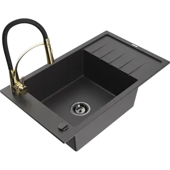 Granitový dřez Mexen Elias granitový jednodřez s odkapávačem a kuchyňskou baterií Aster, černý kropenatý - 6511-76-73450-57-B Granitové dřezy s baterií