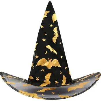 Karnevalový doplněk Čarodějnický klobouk, černý se zlatými netopýry