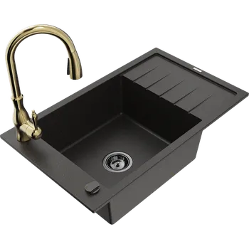Granitový dřez Mexen Elias granitový dřez 1-komorový s odkapávačem a kuchyňskou baterií Savita, černo/zlatý metalik - 6511-75-672601-50-B Granitové dřezy s baterií
