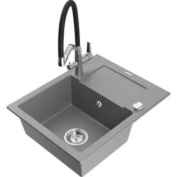Granitový dřez Mexen Enzo granitový dřez s jednou komorou a odkapávačem a kuchyňskou baterií Duo, šedá - 6506-71-671701-07 Granitové dřezy s baterií