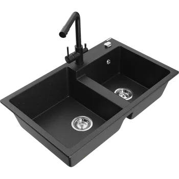 Granitový dřez Mexen Tomas granitový dřez 2-komorový s kuchyňskou baterií Duero, černý/stříbrný metalík - 6516-73-671600-70 Granitové dřezy s baterií