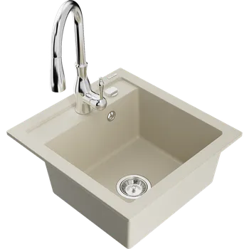 Granitový dřez Mexen Vito granitový dřez 1-komorový s kuchyňskou baterií Savita, béžový - 6503-69-672601-00 Granitové dřezy s baterií